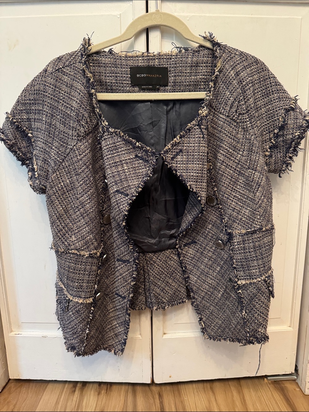 BCBGMaxAzria Navy and Cream Tweed Short Sleeve Jacket